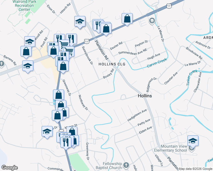 map of restaurants, bars, coffee shops, grocery stores, and more near 517 Boxley Road in Roanoke