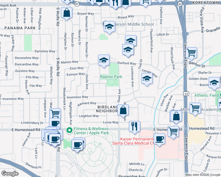 map of restaurants, bars, coffee shops, grocery stores, and more near 1015 Gloucester Court in Sunnyvale