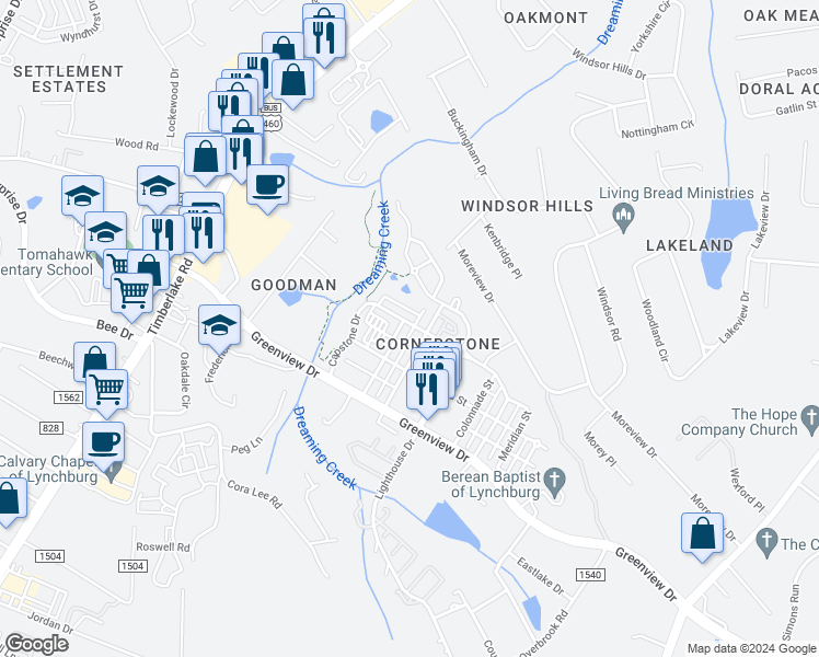 map of restaurants, bars, coffee shops, grocery stores, and more near 238B Capital Street in Lynchburg
