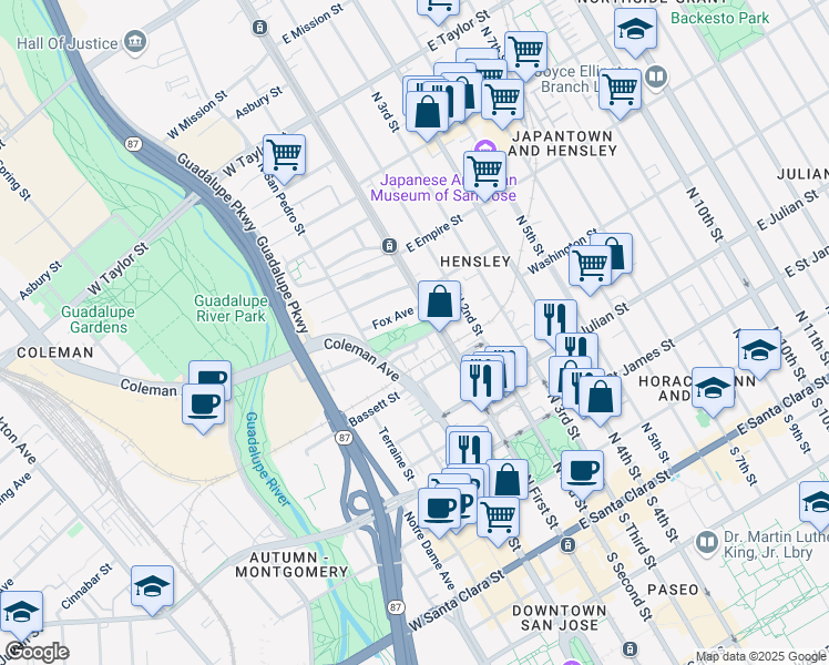 map of restaurants, bars, coffee shops, grocery stores, and more near 421 North 1st Street in San Jose