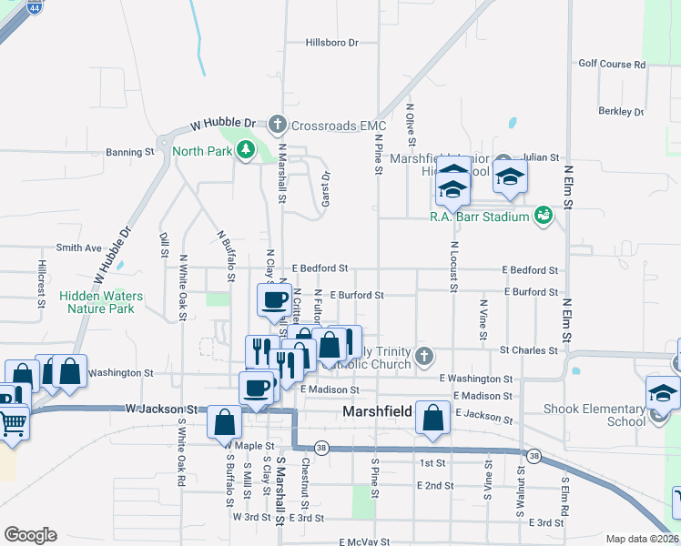 map of restaurants, bars, coffee shops, grocery stores, and more near 254 East Bedford Street in Marshfield