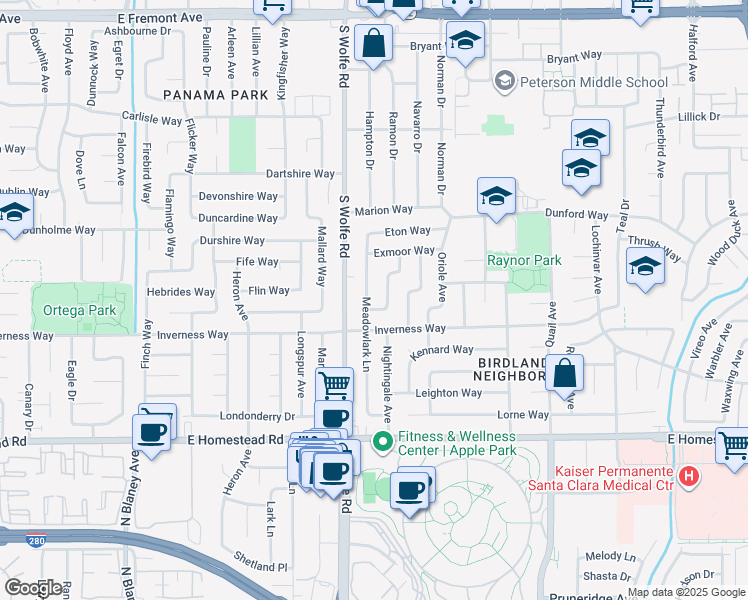 map of restaurants, bars, coffee shops, grocery stores, and more near 1578 Meadowlark Lane in Sunnyvale