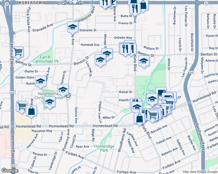 map of restaurants, bars, coffee shops, grocery stores, and more near 3011 Kaiser Drive in Santa Clara