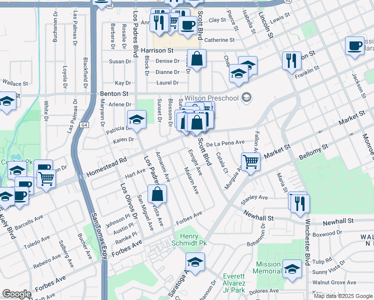 map of restaurants, bars, coffee shops, grocery stores, and more near 764 Enright Avenue in Santa Clara