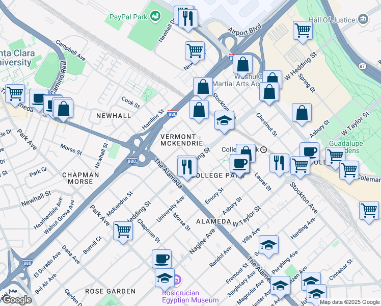 map of restaurants, bars, coffee shops, grocery stores, and more near 920 Myrtle Street in San Jose