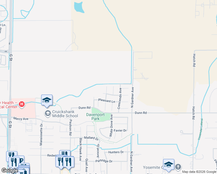 map of restaurants, bars, coffee shops, grocery stores, and more near 4142 Canopy Court in Merced