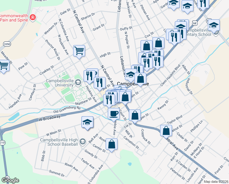 map of restaurants, bars, coffee shops, grocery stores, and more near 204 East Broadway Street in Campbellsville