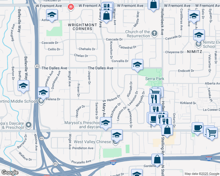 map of restaurants, bars, coffee shops, grocery stores, and more near 1567 Kennewick Drive in Sunnyvale