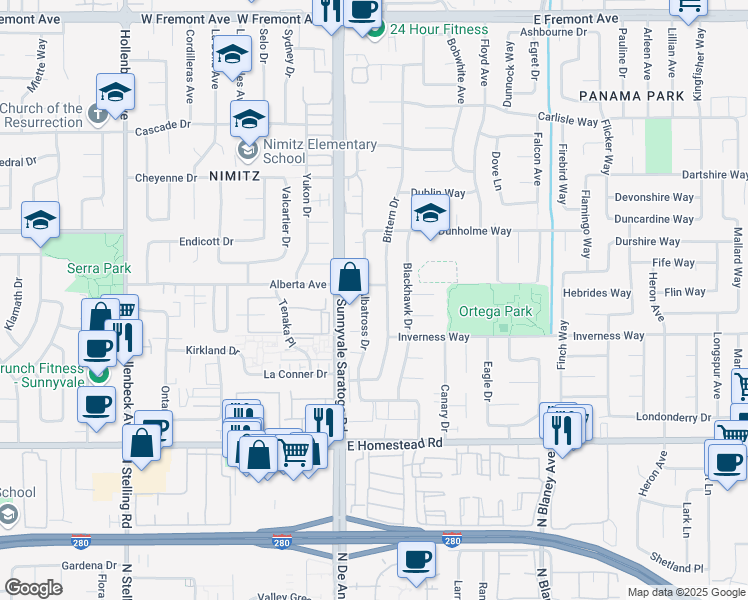 map of restaurants, bars, coffee shops, grocery stores, and more near 1570 Albatross Drive in Sunnyvale