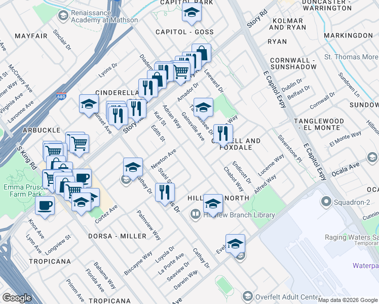 map of restaurants, bars, coffee shops, grocery stores, and more near 1340 Karl Street in San Jose
