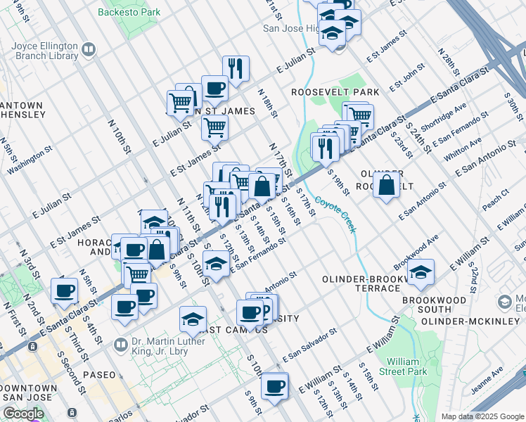 map of restaurants, bars, coffee shops, grocery stores, and more near 676 East Santa Clara Street in San Jose