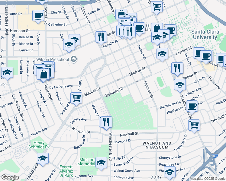 map of restaurants, bars, coffee shops, grocery stores, and more near 1687 Bellomy Street in Santa Clara