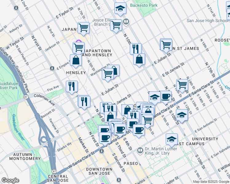 map of restaurants, bars, coffee shops, grocery stores, and more near 271 North 6th Street in San Jose