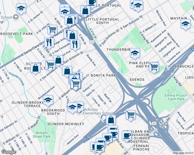 map of restaurants, bars, coffee shops, grocery stores, and more near 1371 Sunny Court in San Jose