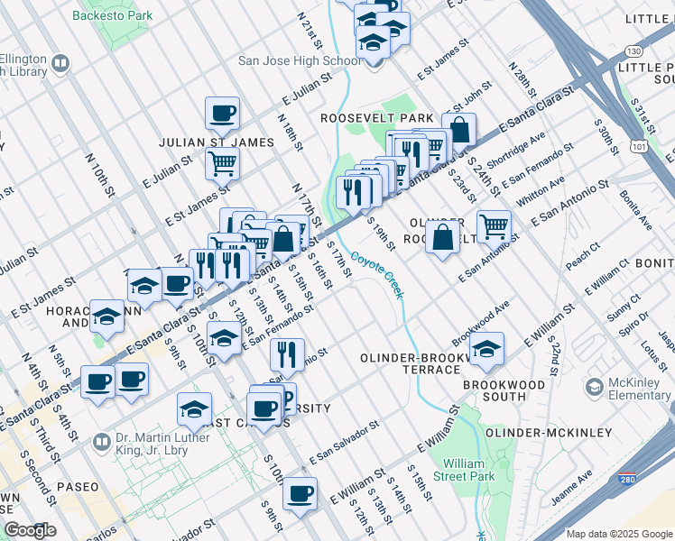 map of restaurants, bars, coffee shops, grocery stores, and more near 79 South 17th Street in San Jose