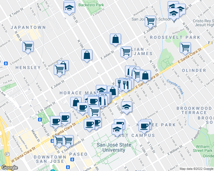 map of restaurants, bars, coffee shops, grocery stores, and more near 121 North 10th Street in San Jose