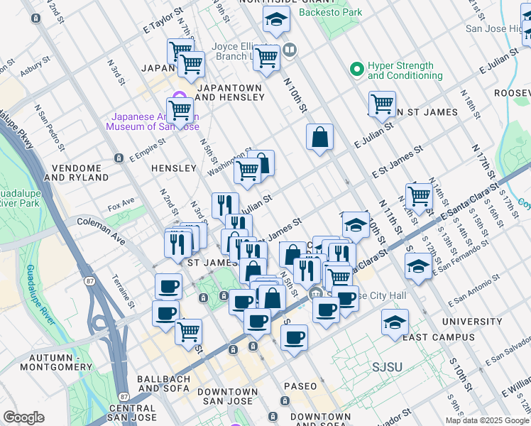 map of restaurants, bars, coffee shops, grocery stores, and more near 271 North 6th Street in San Jose