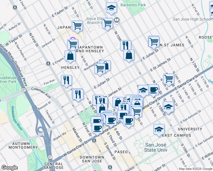 map of restaurants, bars, coffee shops, grocery stores, and more near 271 North 6th Street in San Jose