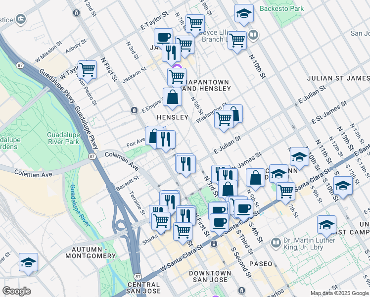 map of restaurants, bars, coffee shops, grocery stores, and more near 350 North 2nd Street in San Jose