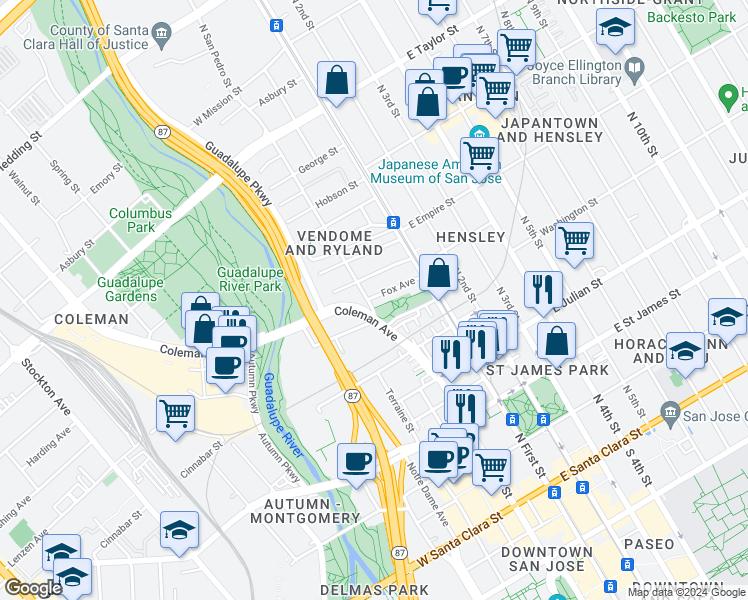 map of restaurants, bars, coffee shops, grocery stores, and more near 106 Fox Avenue in San Jose
