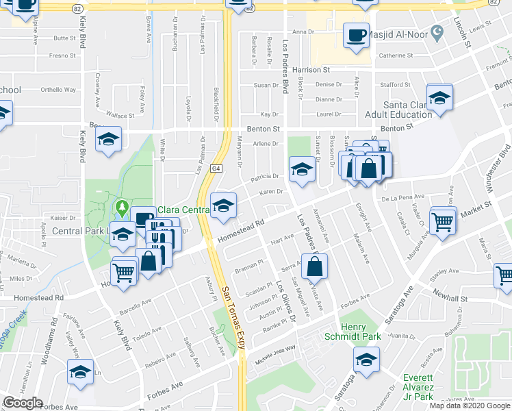 map of restaurants, bars, coffee shops, grocery stores, and more near 2361 De Varona Place in Santa Clara