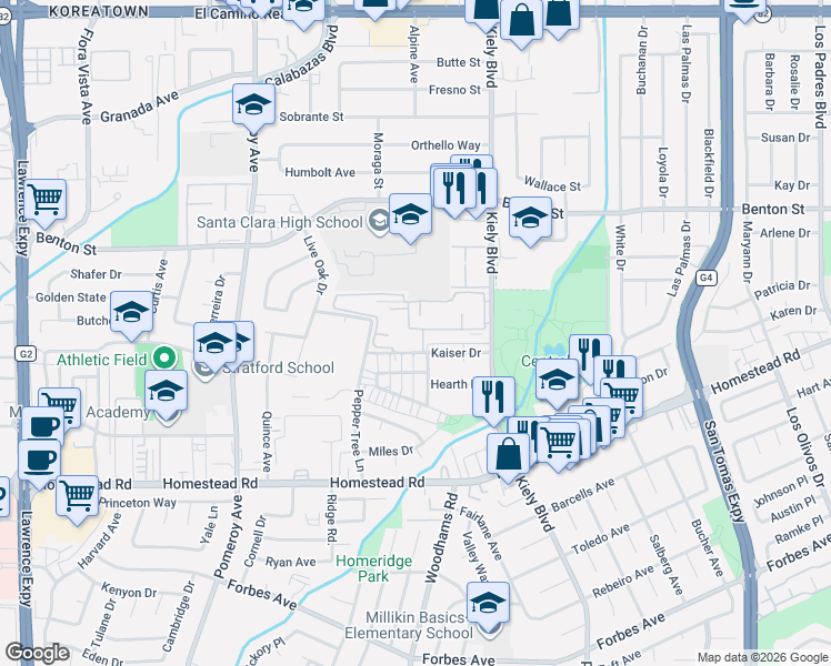map of restaurants, bars, coffee shops, grocery stores, and more near 2901 Via Roma Place in Santa Clara