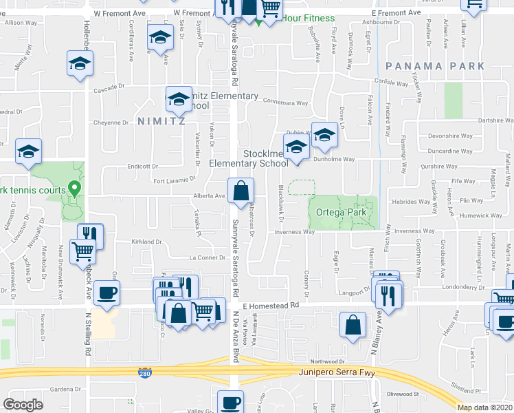 map of restaurants, bars, coffee shops, grocery stores, and more near 1570 Albatross Drive in Sunnyvale