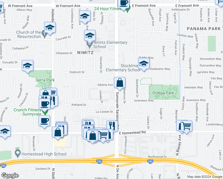 map of restaurants, bars, coffee shops, grocery stores, and more near in Sunnyvale