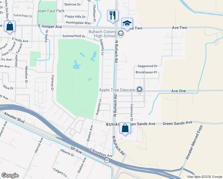 map of restaurants, bars, coffee shops, grocery stores, and more near 1821 Lake Ridge Street in Atwater