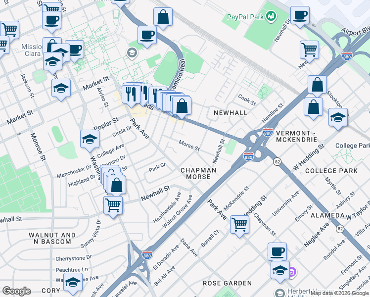 map of restaurants, bars, coffee shops, grocery stores, and more near 1175 Morse Street in San Jose