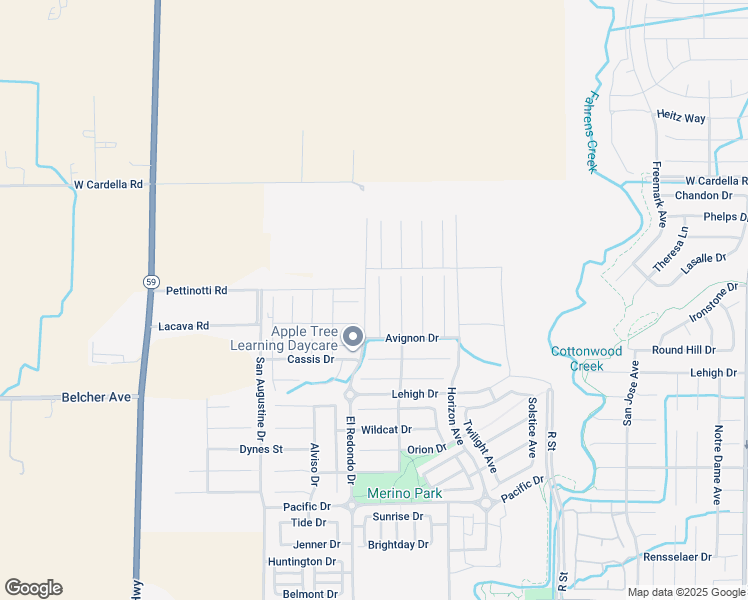 map of restaurants, bars, coffee shops, grocery stores, and more near 4057 Toulon Court in Merced