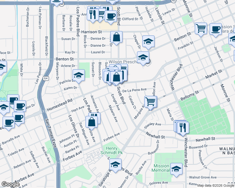 map of restaurants, bars, coffee shops, grocery stores, and more near 752 Scott Boulevard in Santa Clara