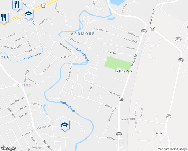 map of restaurants, bars, coffee shops, grocery stores, and more near 6632 Meadewood Drive in Hollins
