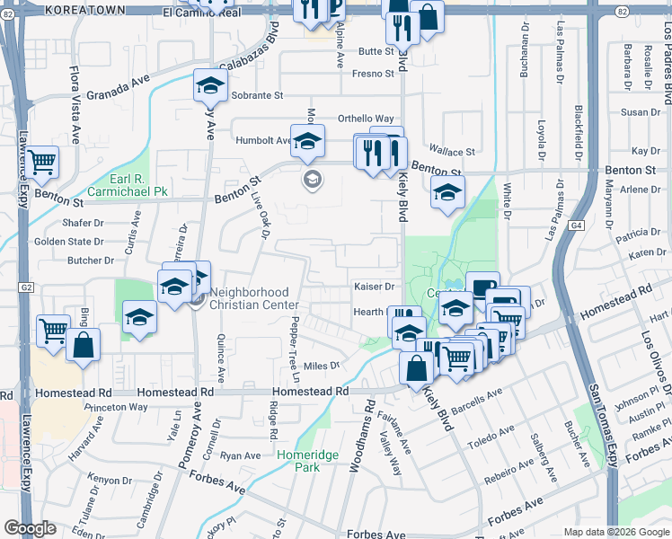 map of restaurants, bars, coffee shops, grocery stores, and more near 3011 Kaiser Drive in Santa Clara