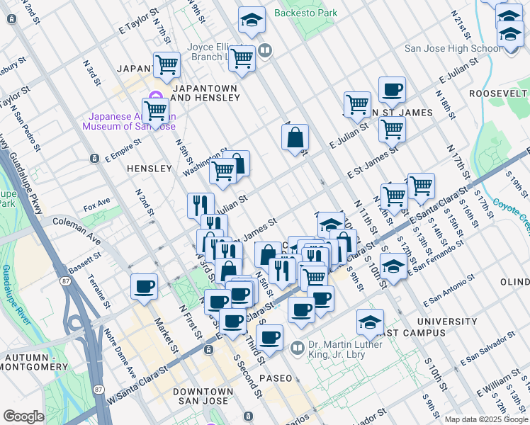 map of restaurants, bars, coffee shops, grocery stores, and more near 229 North 7th Street in San Jose