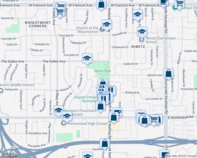 map of restaurants, bars, coffee shops, grocery stores, and more near 1509 New Brunswick Avenue in Sunnyvale