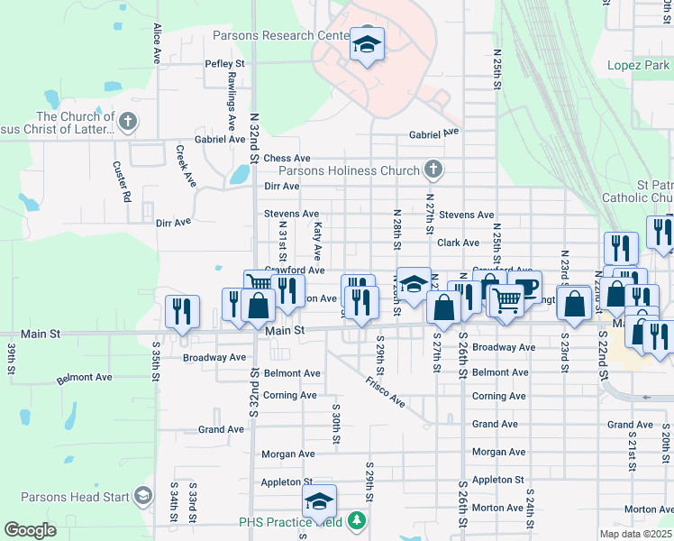 map of restaurants, bars, coffee shops, grocery stores, and more near 3018 Crawford Avenue in Parsons