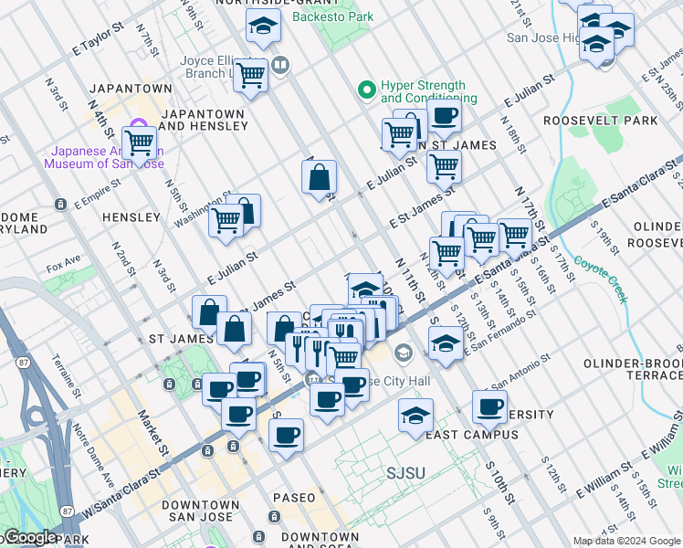 map of restaurants, bars, coffee shops, grocery stores, and more near 161 North 9th Street in San Jose