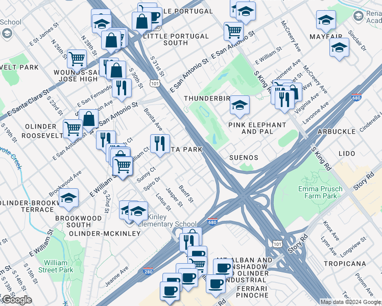 map of restaurants, bars, coffee shops, grocery stores, and more near 540 Bonita Avenue in San Jose