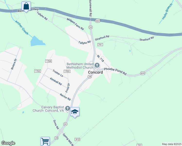 map of restaurants, bars, coffee shops, grocery stores, and more near 9826 Village Highway in Concord