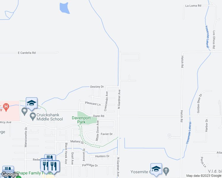 map of restaurants, bars, coffee shops, grocery stores, and more near 1449 Quiet Court in Merced