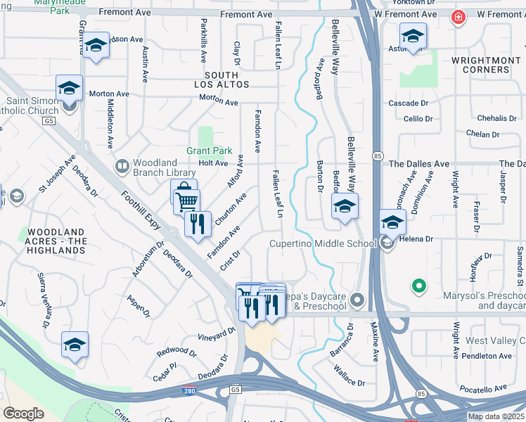 map of restaurants, bars, coffee shops, grocery stores, and more near 2003 Crist Drive in Los Altos