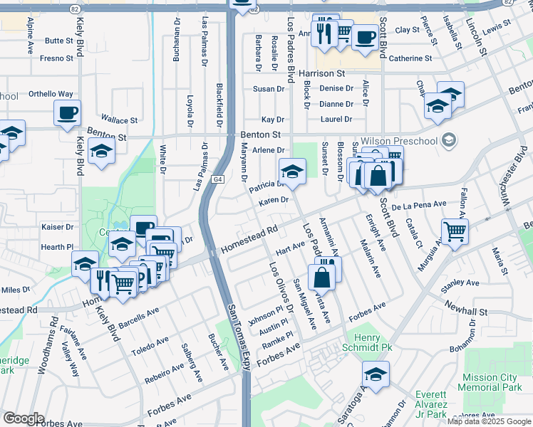 map of restaurants, bars, coffee shops, grocery stores, and more near 2361 De Varona Place in Santa Clara