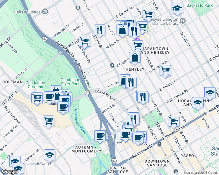 map of restaurants, bars, coffee shops, grocery stores, and more near 116 Fox Avenue in San Jose