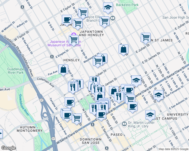 map of restaurants, bars, coffee shops, grocery stores, and more near 301 North 5th Street in San Jose
