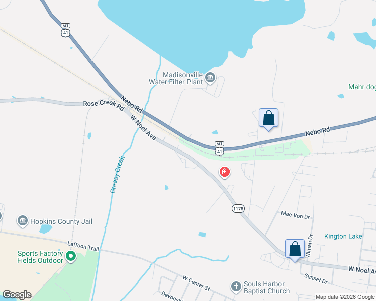 map of restaurants, bars, coffee shops, grocery stores, and more near 1420 Nebo Road in Madisonville