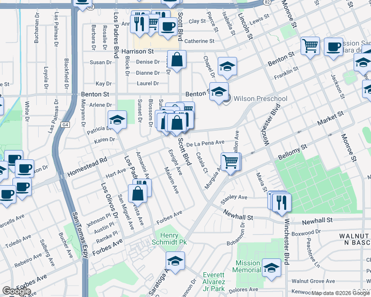 map of restaurants, bars, coffee shops, grocery stores, and more near 1992 De La Pena Avenue in Santa Clara