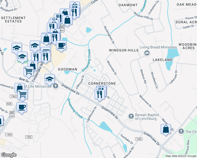 map of restaurants, bars, coffee shops, grocery stores, and more near 301 Portico Street in Lynchburg