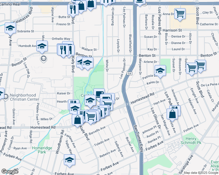 map of restaurants, bars, coffee shops, grocery stores, and more near 931 White Drive in Santa Clara
