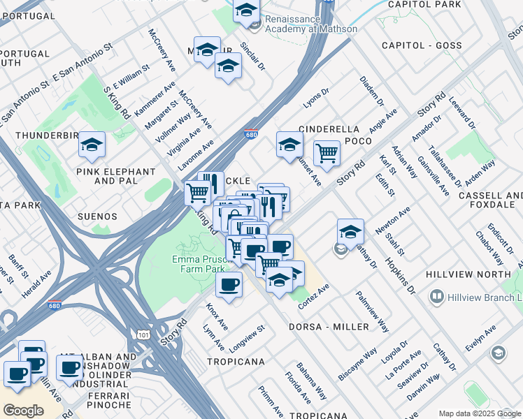 map of restaurants, bars, coffee shops, grocery stores, and more near 1837 Luke Court in San Jose